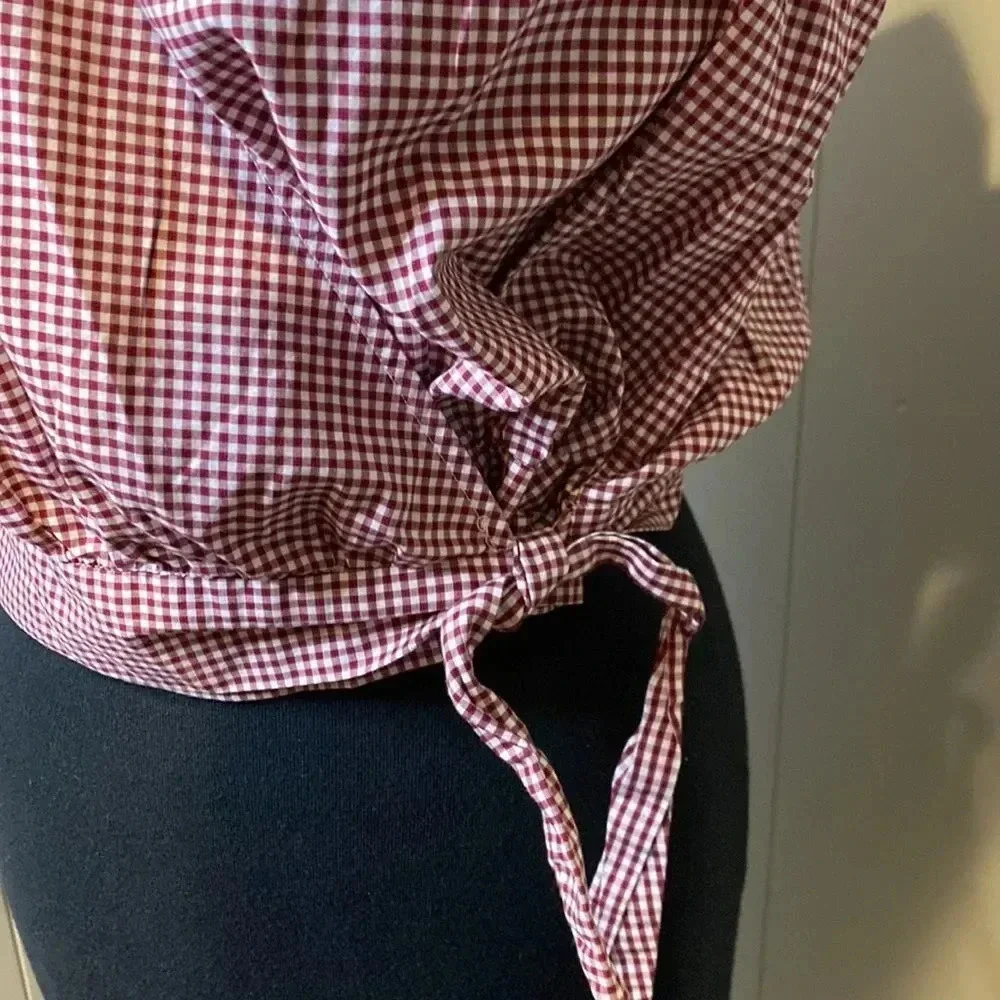 Madewell Small Red Gingham Check Wrap Top Tie Waist 3/4 Sleeves V-Neck - Picture 2 of 9